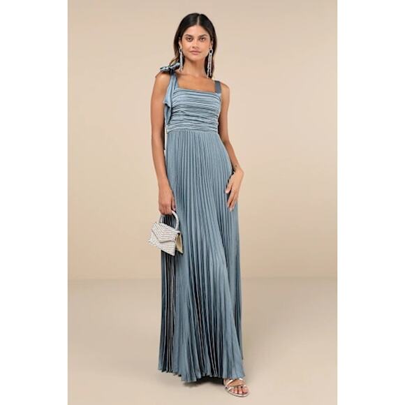 NWT Lulus Blue Gorgeous Purpose Slate Satin Pleated Sleeveless Bow Maxi Dress S - Picture 1 of 7